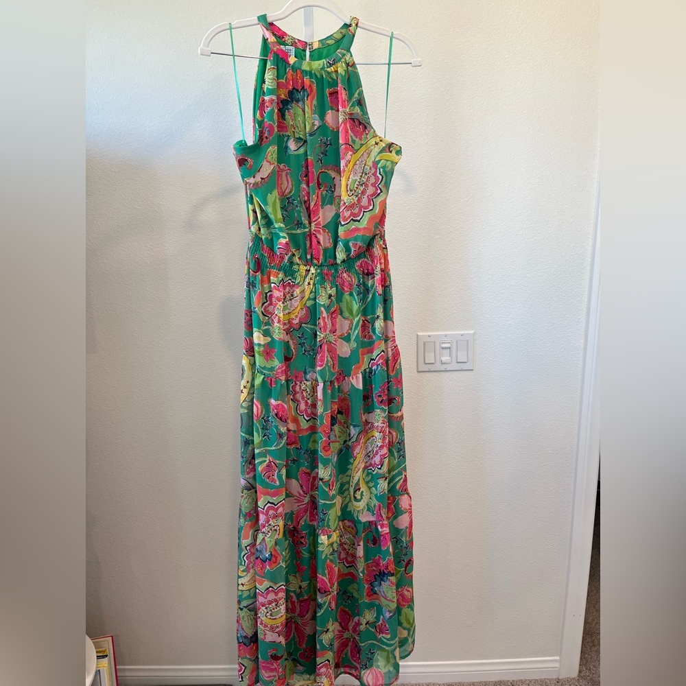 Tahari ASL Green Floral Halter Maxi Dress
